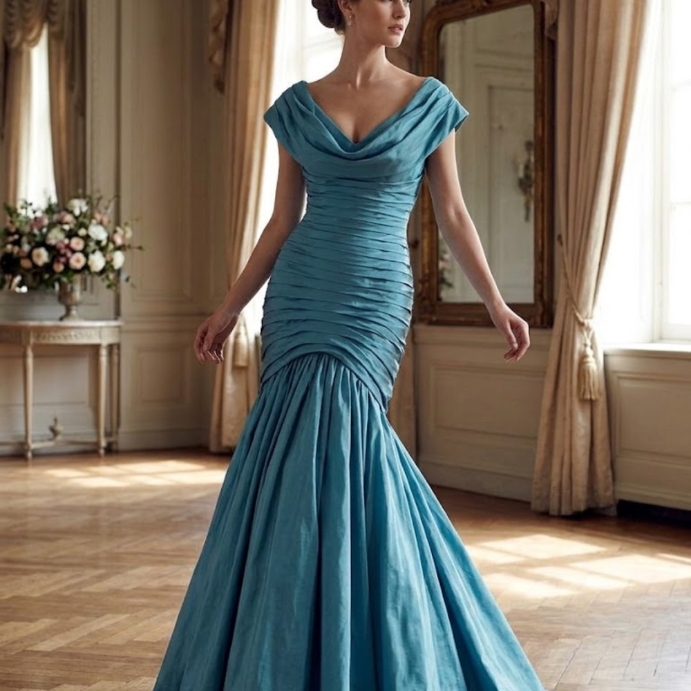 Tadashi Shoji Teal Draped Ruched Mermaid Maxi Dress